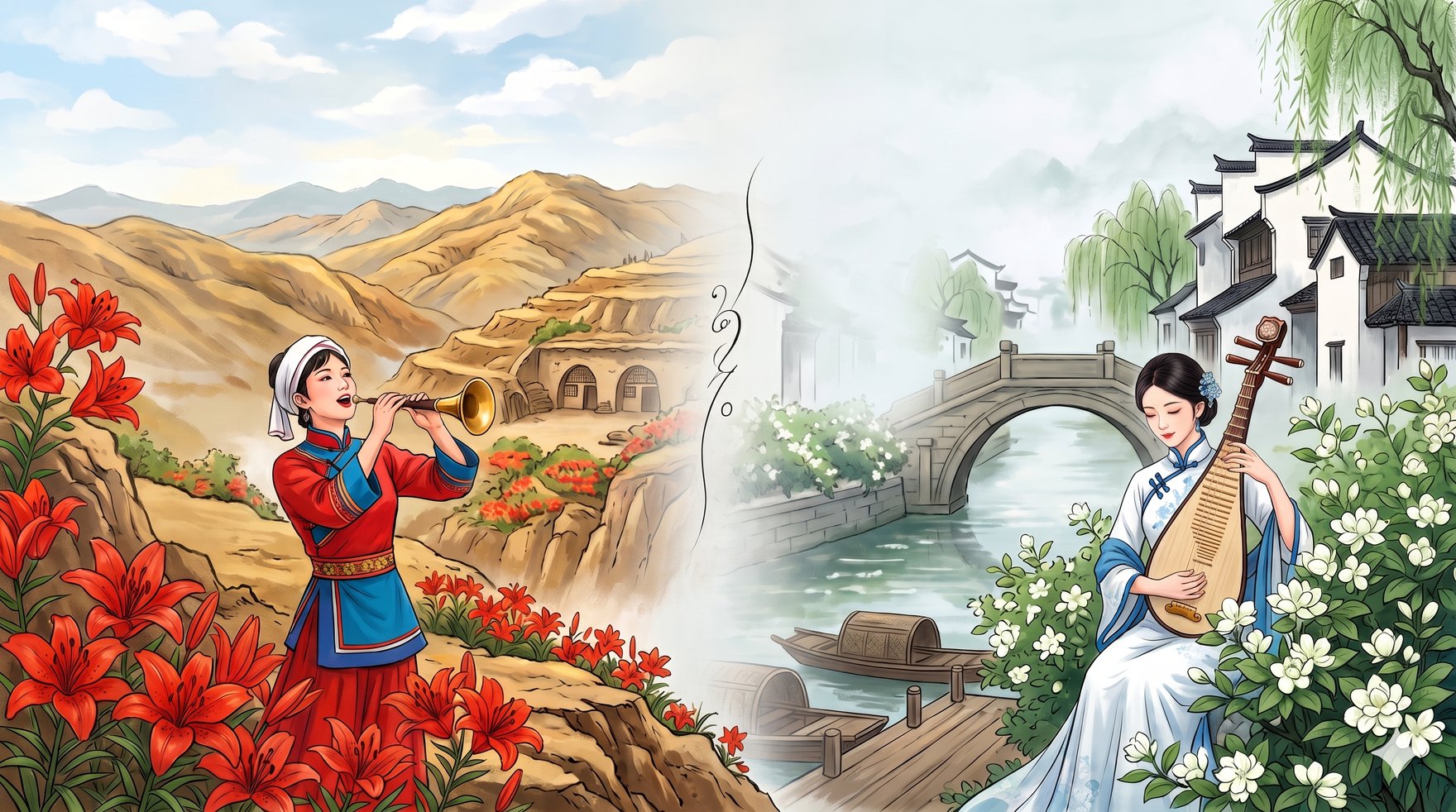 Split illustration: left — a Northern Shaanxi (陕北) folk singer in red on the yellow loess plateau among red mountain lilies (山丹丹) and cave dwellings; right — a Jiangnan (江南) musician playing the pipa by a water town with an arched bridge, jasmine (茉莉花) and willows. The two regional melodic textures this study compares.